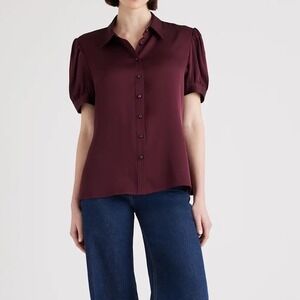 Quince Washable Stretch Silk Puff Sleeve Blouse in Wine Tasting - Large